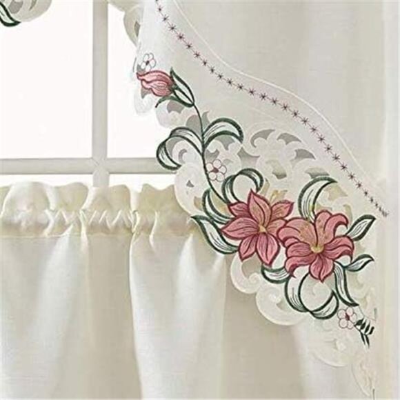 Lily Fragrance. 3pcs Multi-Color Embroidery Kitchen Cafe Curtain Set Swag - Picture 3 of 6